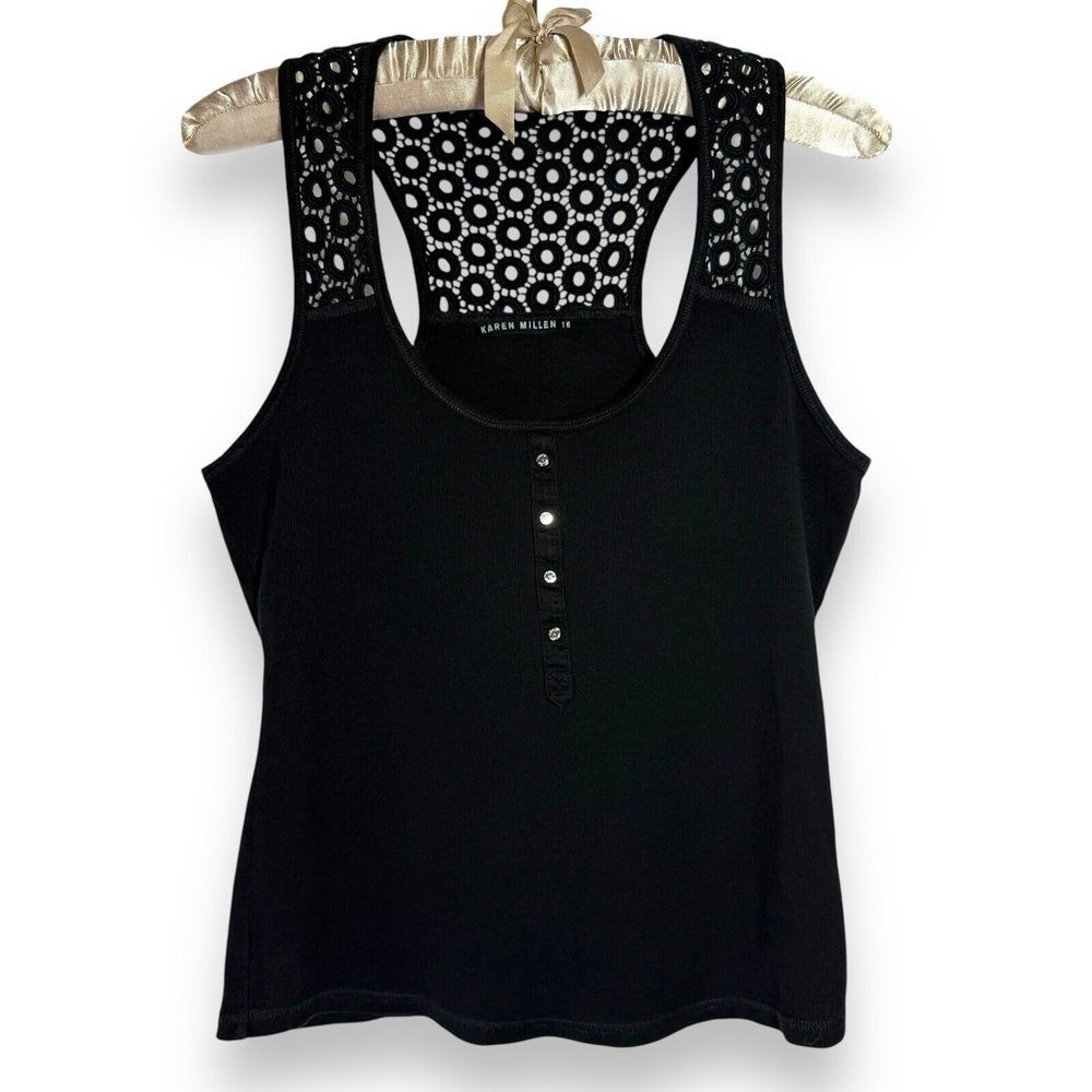 Karen Millen Tank Top 16 (XL) Black Ribbed Scoop Neck‎ Stretch Eyelet Racerback
